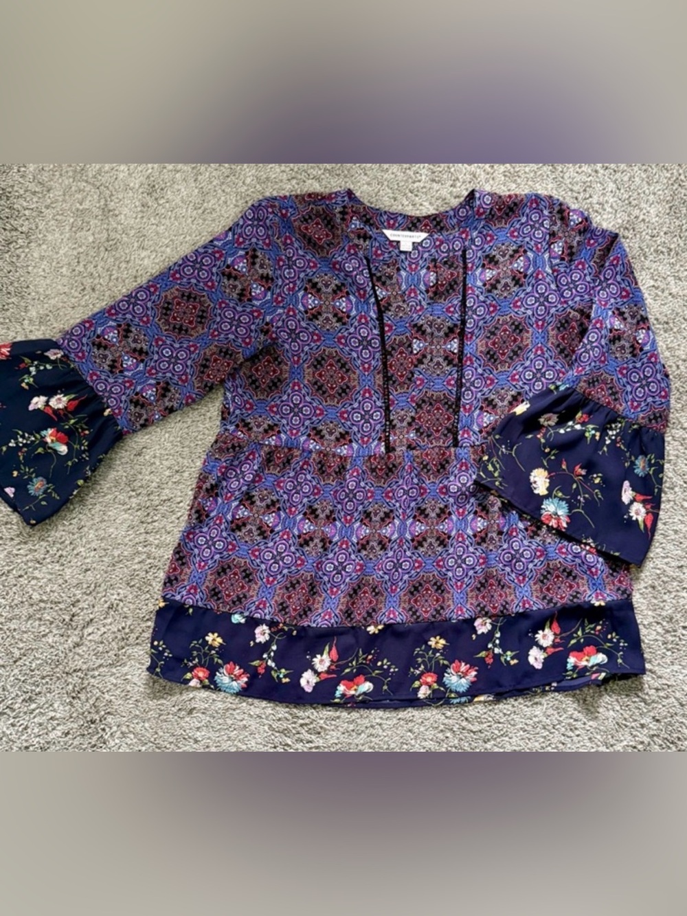 Boho Floral Mixed-Print Navy Women’s Peasant Blouse (L)